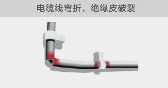 在安裝過程中，由于電線的彎曲半徑過小，或是線夾過緊，導致線纜絕緣皮破裂，產生電弧隱患